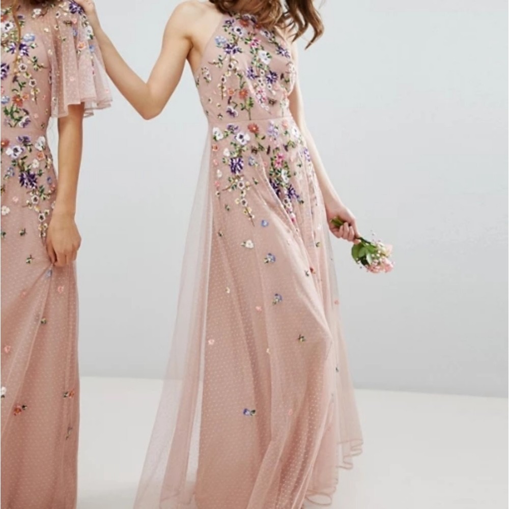 ASOS Dusty Rose Floral Sequin Halter Maxi Dress - Picture 2 of 14